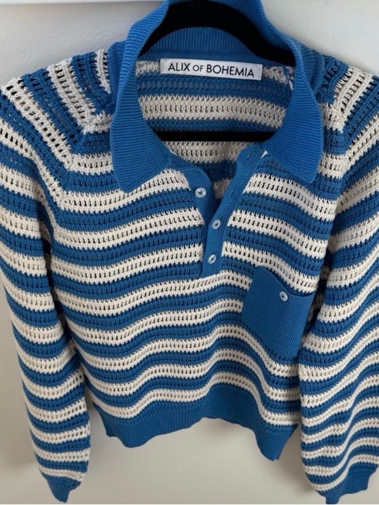 Alix Of Bohemia Sweaters - Alix Of Bohemia Blue & Cream Crochet-Style Striped Polo Sweater